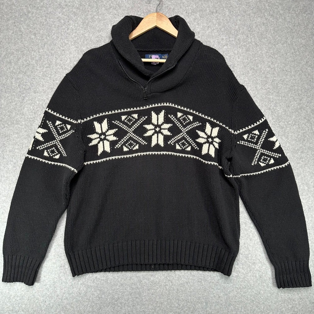 Polo Ralph Lauren Men's Fair Isle Shawl Collar 1/4 Zip Sweater Black White XXL